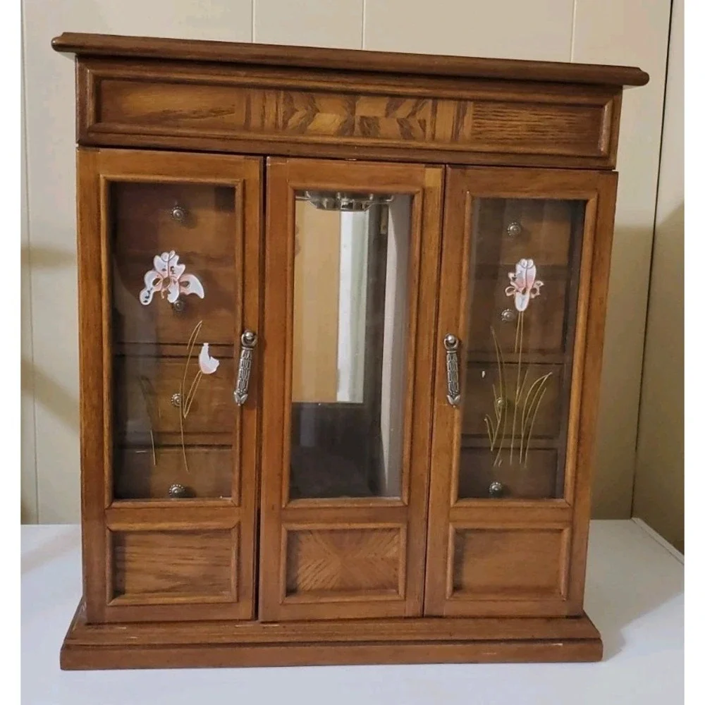 Vtg Tall Jewelry Box With 6 Drawers Mirror Cabinet Hangers Ring & Earring Holder